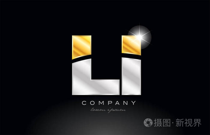 组合字母LiLI字母标志图标设计与金银灰色金属在黑色背景适合公司或企业
