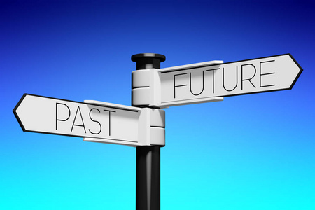 指南针指向文本未来与过去两种不同的方式与路标箭头三维插图/三维