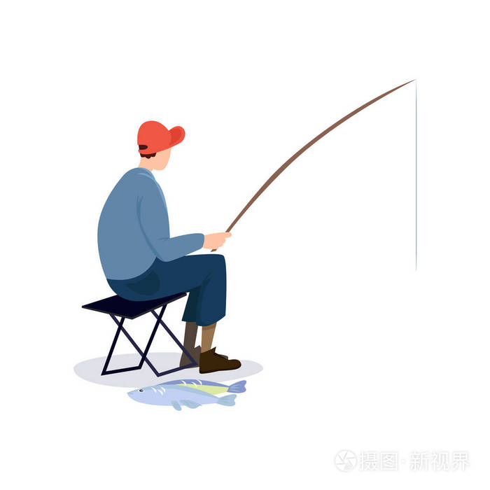 渔民坐在折叠椅子上男性费舍尔性格钓鱼竿和抓鱼矢量插图