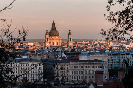 s Basilica, in Budapest, against a setting sun, on an autumn day