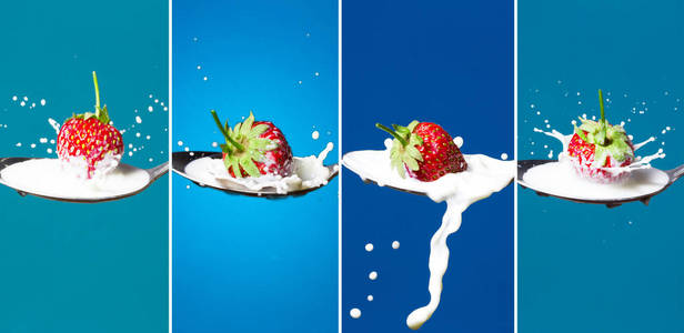 蓝色背景下牛奶汤匙中草莓掉落的高速照片拼贴