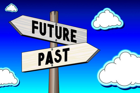 三维插图/三维渲染十字路口概念未来与过去照片