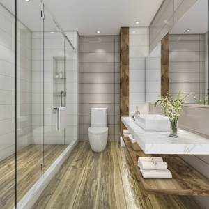 3D渲染现代浴室与豪华瓷砖装饰