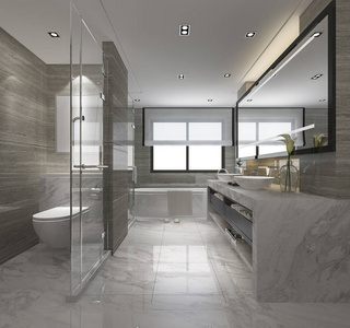 3D渲染现代浴室与豪华瓷砖装饰