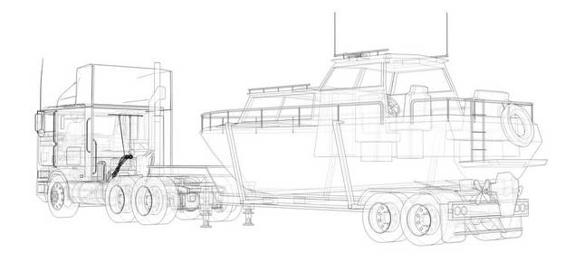 带拖车的大卡车，用于在白色背景上运输一艘船。 3D渲染