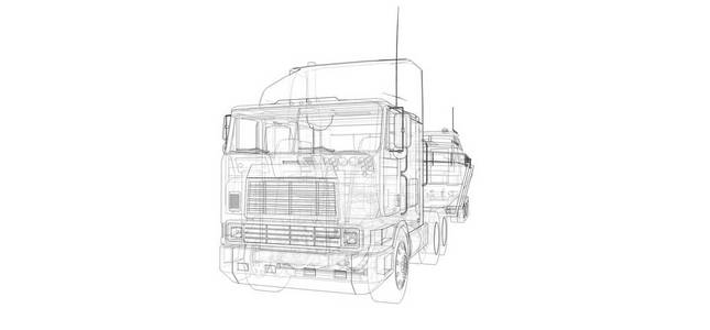 带拖车的大卡车，用于在白色背景上运输一艘船。 3D渲染