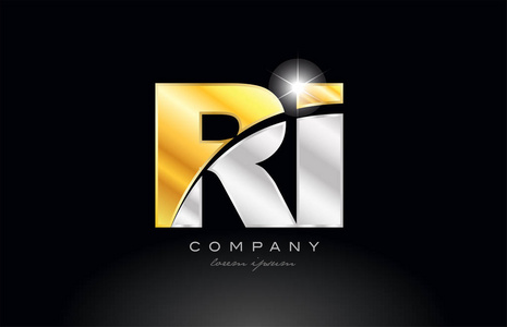 组合字母RIRI字母表标志图标设计与金银灰色金属在黑色背景适合公司或企业