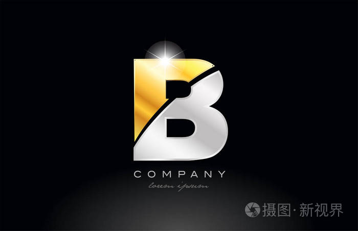 字母b字母表标志图标设计与金银灰色金属在黑色背景适合公司或企业
