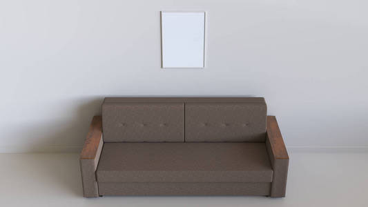 空白白色海报挂在简单沙发上方的墙上。 室内模型。 三维渲染插图。