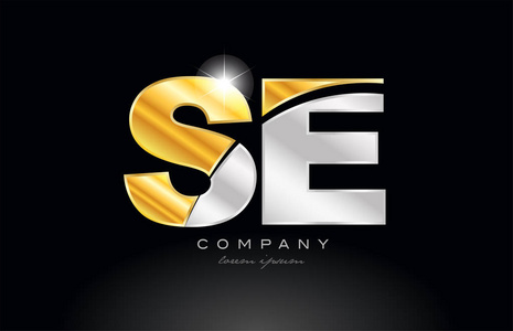 组合字母SeSe字母标志图标设计与金银灰色金属在黑色背景适合公司或企业