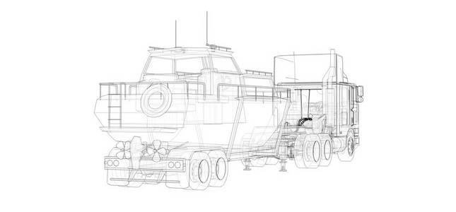 带拖车的大卡车，用来在白色背景下运送一艘船。3D渲染