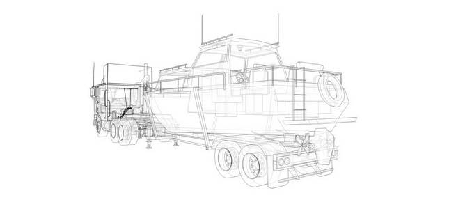 带拖车的大卡车，用来在白色背景下运送一艘船。3D渲染