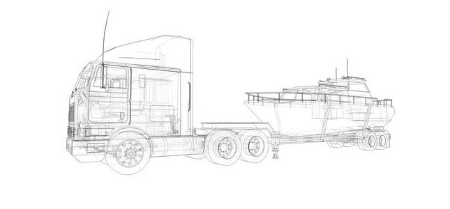 带拖车的大卡车，用来在白色背景下运送一艘船。3D渲染