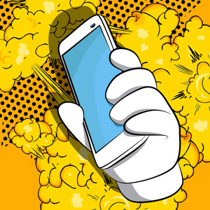 插图手与智能手机漫画背景.照片