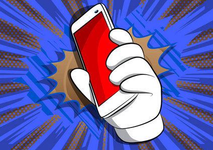 插图手与智能手机漫画背景.照片