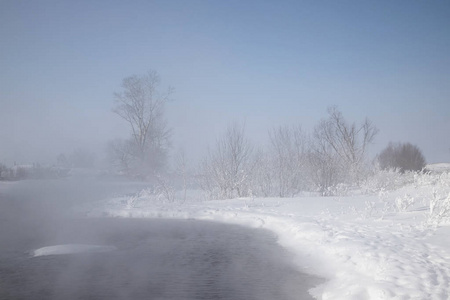 美丽的冬季景观，河和雪覆盖的海岸蓝天