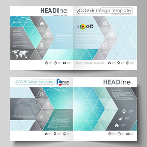 矢量图的两个封面模板的可编辑布局为广场设计双折叠小册子 杂志 传单 小册子。未来高科技背景下，挖掘数据技术概念