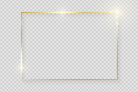 金色发亮的复古框架，阴影孤立在透明的背景上。 金色豪华现实矩形边界。 矢量插图
