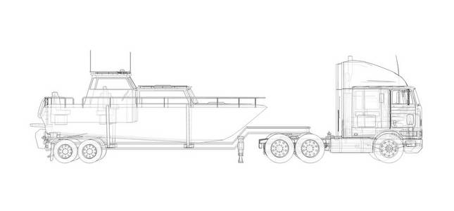 带拖车的大卡车，用于在白色背景上运输一艘船。 3D渲染