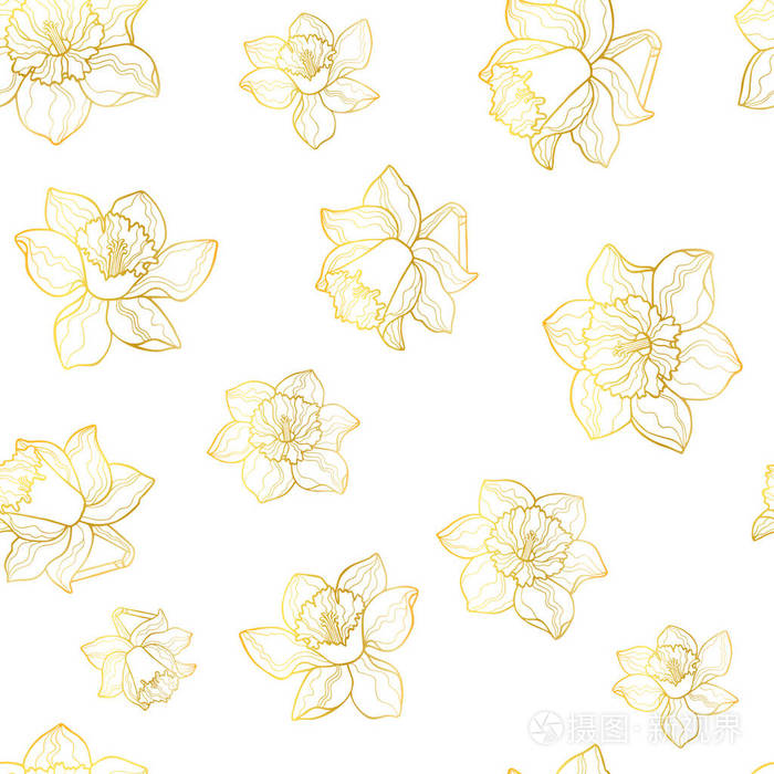 矢量无缝图案手绘素描水仙花.