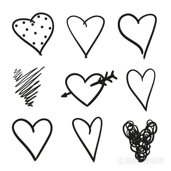 绘制的粗糙的心一套爱的标志独特的设计图像黑白插图设计的粗略元素