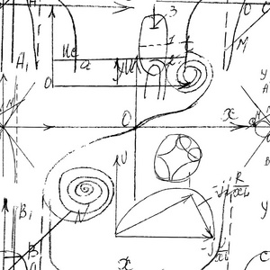 数学无缝纹理与手写数学代数和几何公式和图形函数计算和操作。 矢量。