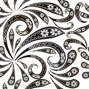老式花卉单色ZigZagPaisley矢量无缝图案。观赏黑白民族风格背景..羽状手绘线条艺术花饰，花，叶，曲折