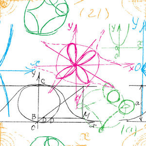 数学无缝纹理与手写数学，代数和几何公式和图表，函数，计算和操作。彩色矢量。