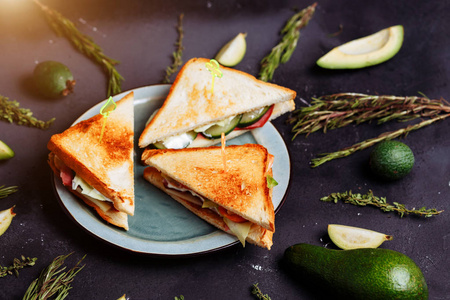 用蔬菜和水果在黑色背景上特写美味的自制三明治。厨房桌子上有迷迭香孜然黄瓜鳄梨菲约亚