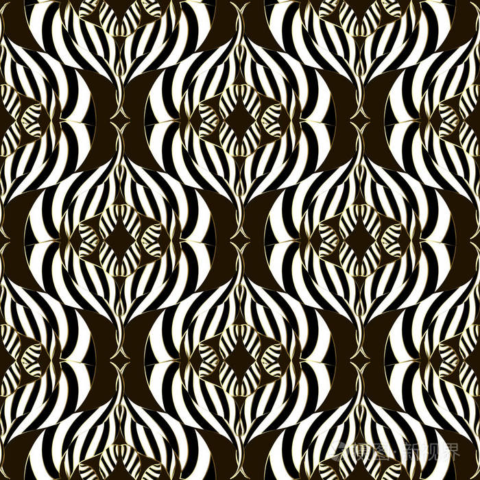 手绘抽象黑白装饰品,有条纹和金色轮廓. 几何重复平铺背景.