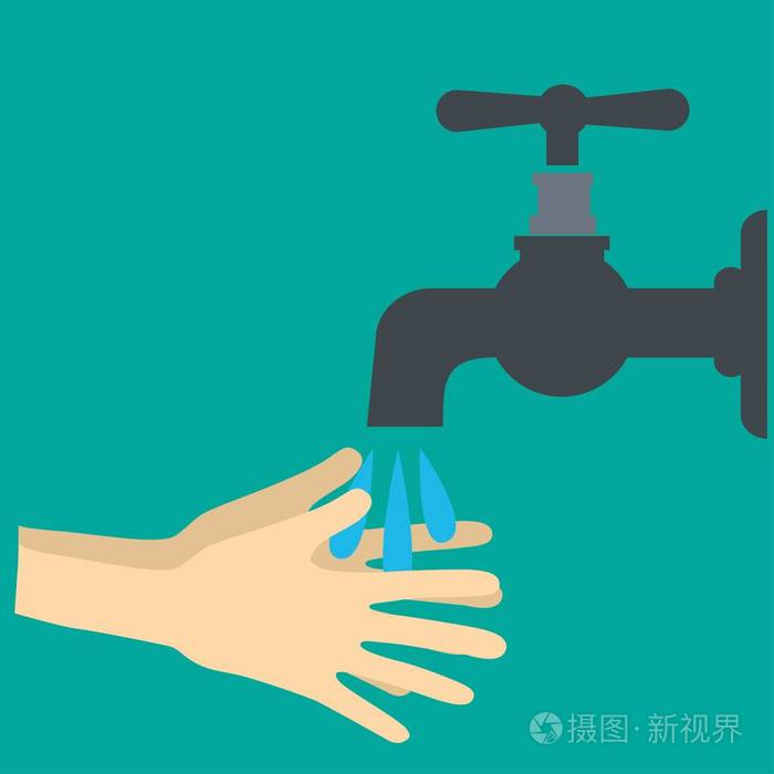 手在水龙头下掉下来的水中 人洗手卫生水保存 平面样式的矢量插图