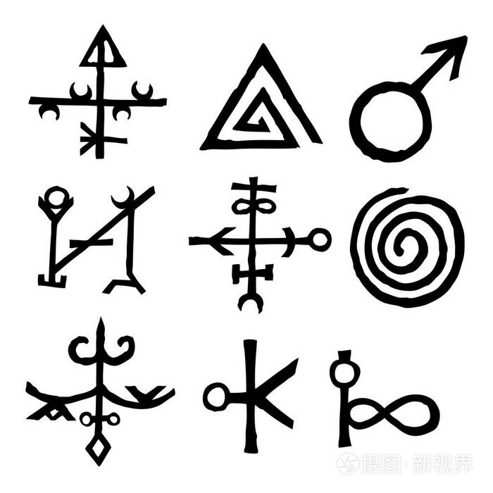 一组由魔法铭文和背景上孤立的符号启发的文字符号和字母.