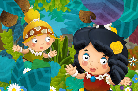 卡通场景与洞穴人野蛮战士妇女在丛林插图儿童