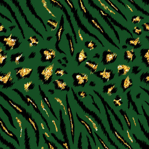 虎豹纹无缝动物图案。条纹金光织物背景野生动物皮毛皮。时尚豪华黄金抽象设计印刷壁纸, 装饰。向量例证