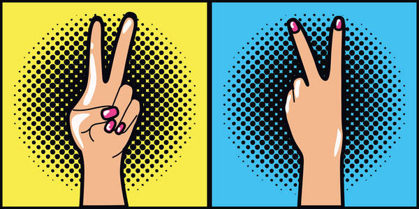 和平和爱流行艺术风格的手自鸣得意表达肖像年轻漂亮的女孩全身微笑与