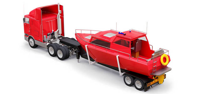 一辆红色的大卡车，有一辆拖车，用于在白色背景上运输一艘船。 3D渲染