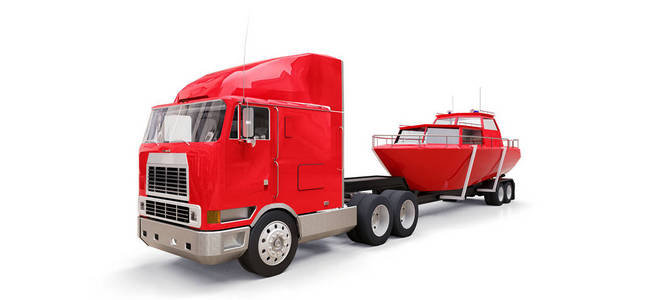 一辆红色的大卡车，有一辆拖车，用于在白色背景上运输一艘船。 3D渲染