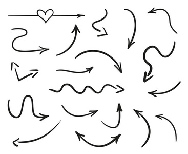 手绘简单的箭头. 线条艺术. 一组不同的指针. 抽象指标. 黑白插图.