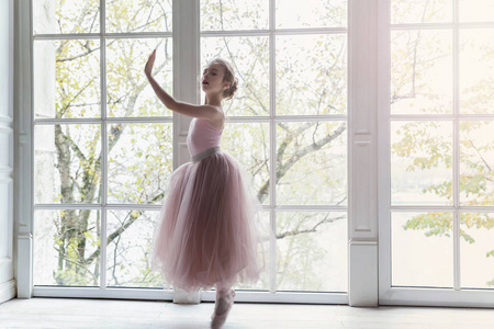 舞蹈课上的年轻古典芭蕾舞演员。 在白色的光厅里，在大窗户附近，穿着粉红色的芭蕾舞裙