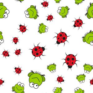 卡通风格的青蛙和瓢虫的无缝图案。 在白色背景矢量插图上。