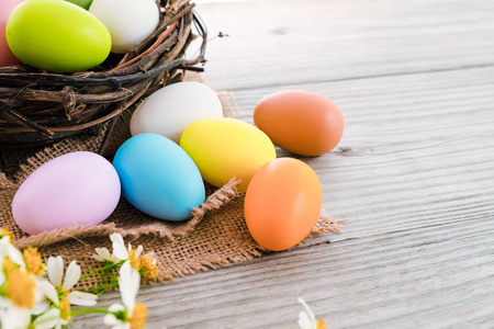 五颜六色的复活节彩蛋在巢与花在乡村木板背景。 春天的假期。 老式粉彩色调。 特写构图。