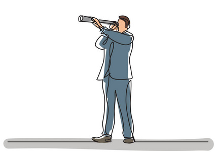 商业概念的连续线图,商人望远镜中寻找照片