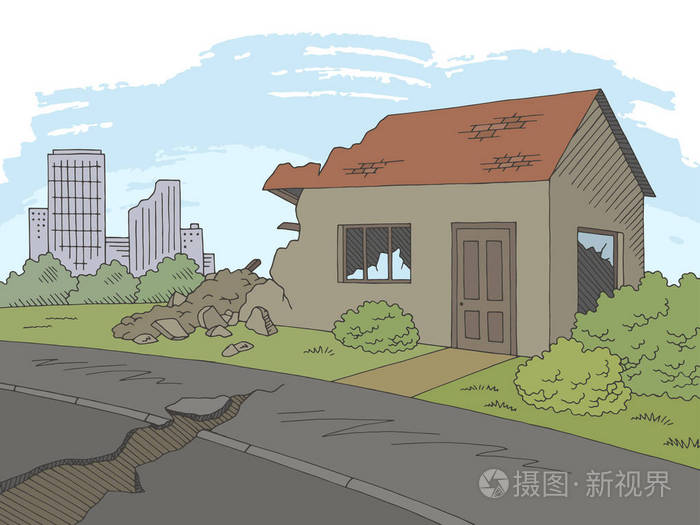地震图形彩色景观城市素描插图