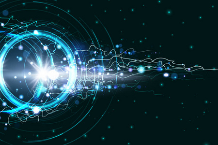 夜光电圈闪电大气现象逼真的图像在黑夜天空蓝色装饰背景向量例证.