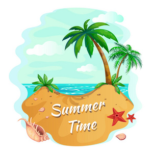 棕榈树海滩。海洋日落与沙滩海滩和棕榈树, 马尔代夫热带背景。田园诗般的夏季矢量海报