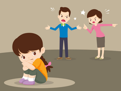 夫妻吵架,父母吵架,孩子听. 家庭冲突.照片