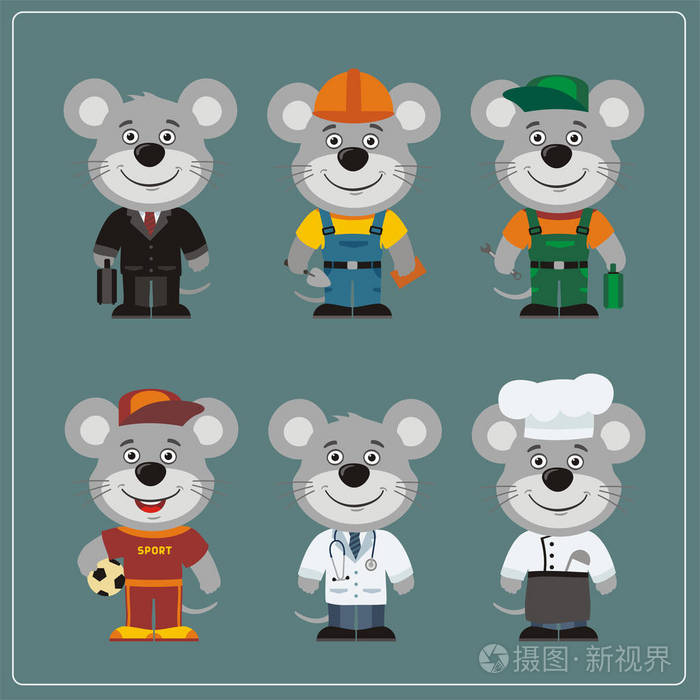 一套可爱有趣的卡通人物,以不同的职业服装展示老鼠