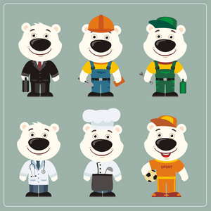 一套可爱有趣的北极熊卡通形象，以不同的职业服装展示