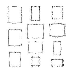 一套装饰复古框架。 白底手绘矢量图