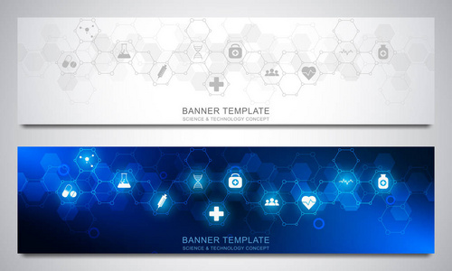 带有六边形图案和医疗图标的横幅设计模板。医疗保健科学和技术概念